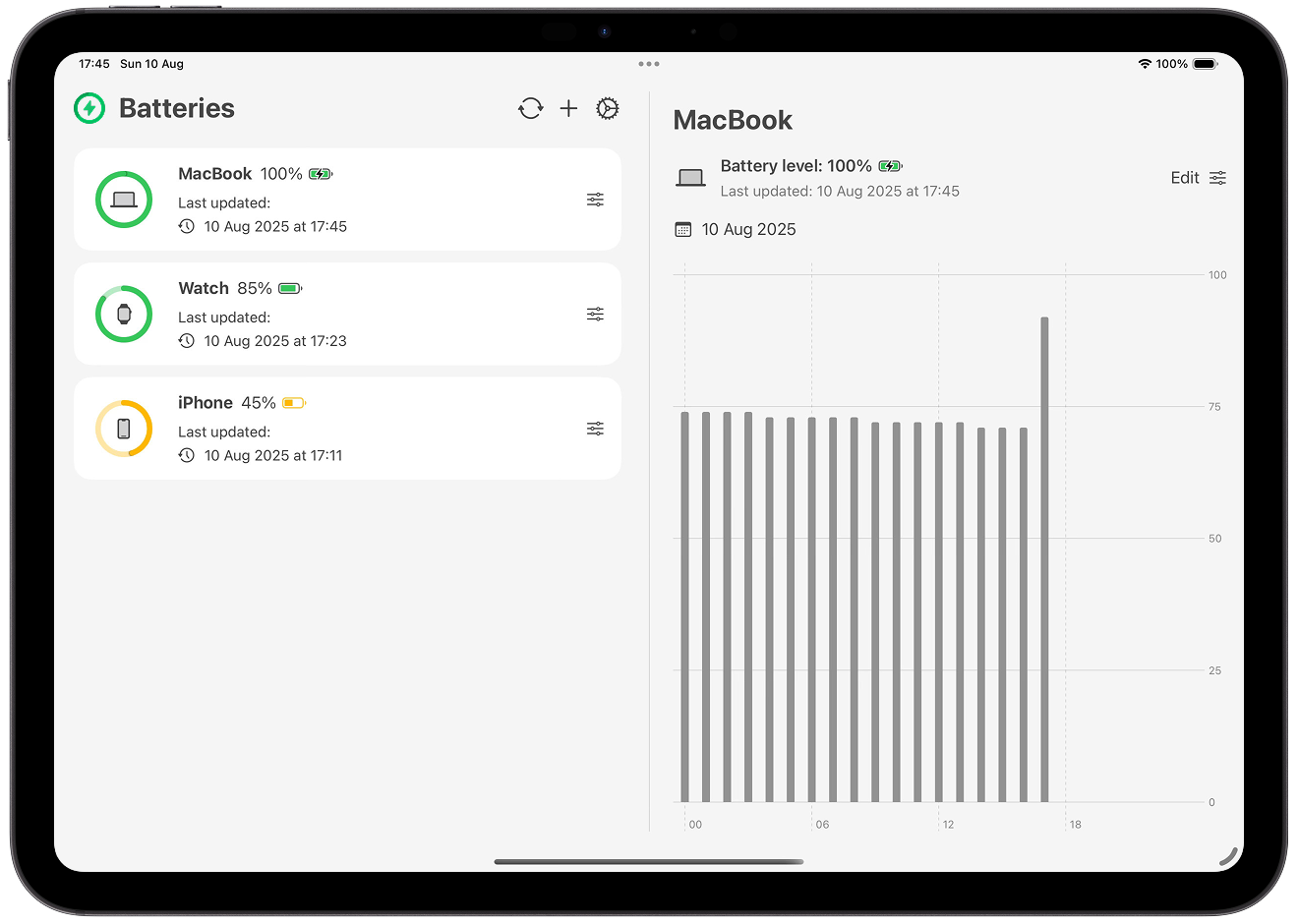 First screen of the Batteries app UI. Three devices are shown, alongside a device-editing bottom pane.