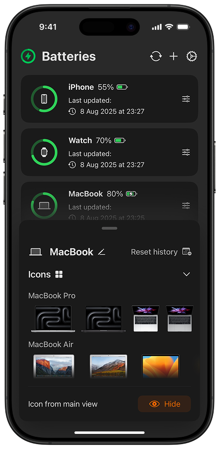 First screen of the Batteries app UI. Three devices are shown, alongside a device-editing bottom pane.