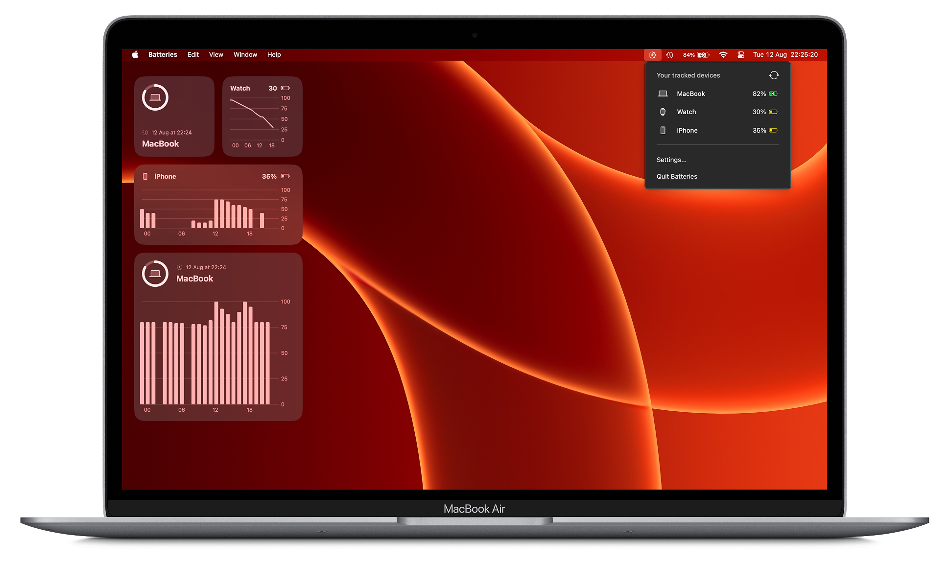 First screen of the Batteries app UI. Three devices are shown, alongside a device-editing bottom pane.